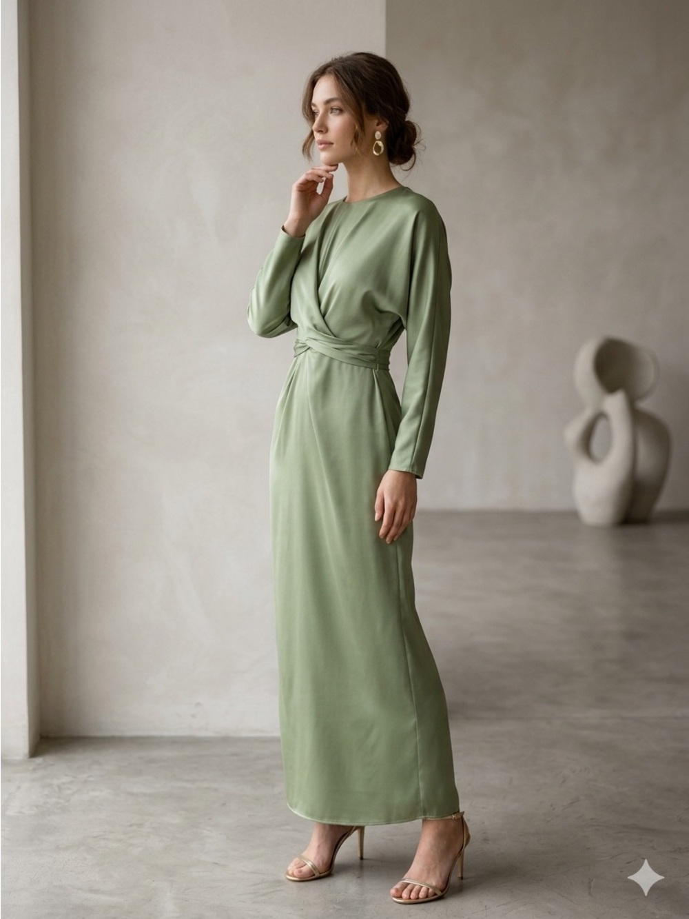 ASOS Sage Green Long Sleeve Twist-Waist Maxi Dress Size 4 US - Picture 2 of 15